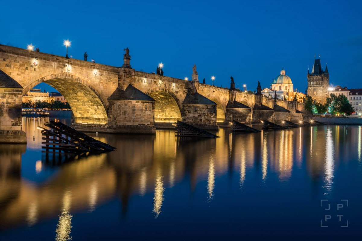 Illuminated Charles Bridge at night, Prague